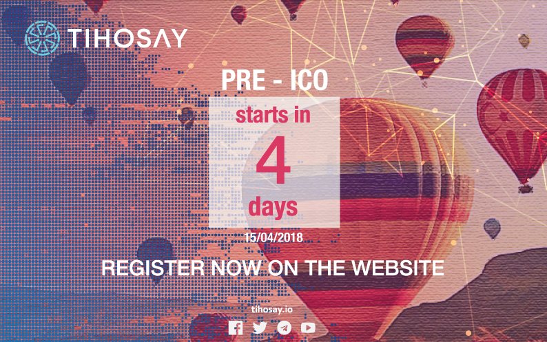 tihosay's tweet photo. 🚀 Starts in 4 days.. Pre-ICO will begin April 15th, 2018 at 10:00 UTC. 40% BONUS 🚀

Register now: https://t.co/gS31OE4gss

#tihosay #ICO #blockchain #Crypto #presale #PreICO #cryptocurrency #TokenSale #bounty $ETH #ethereum #Token #crowdsale https://t.co/vm1fc5uUdg