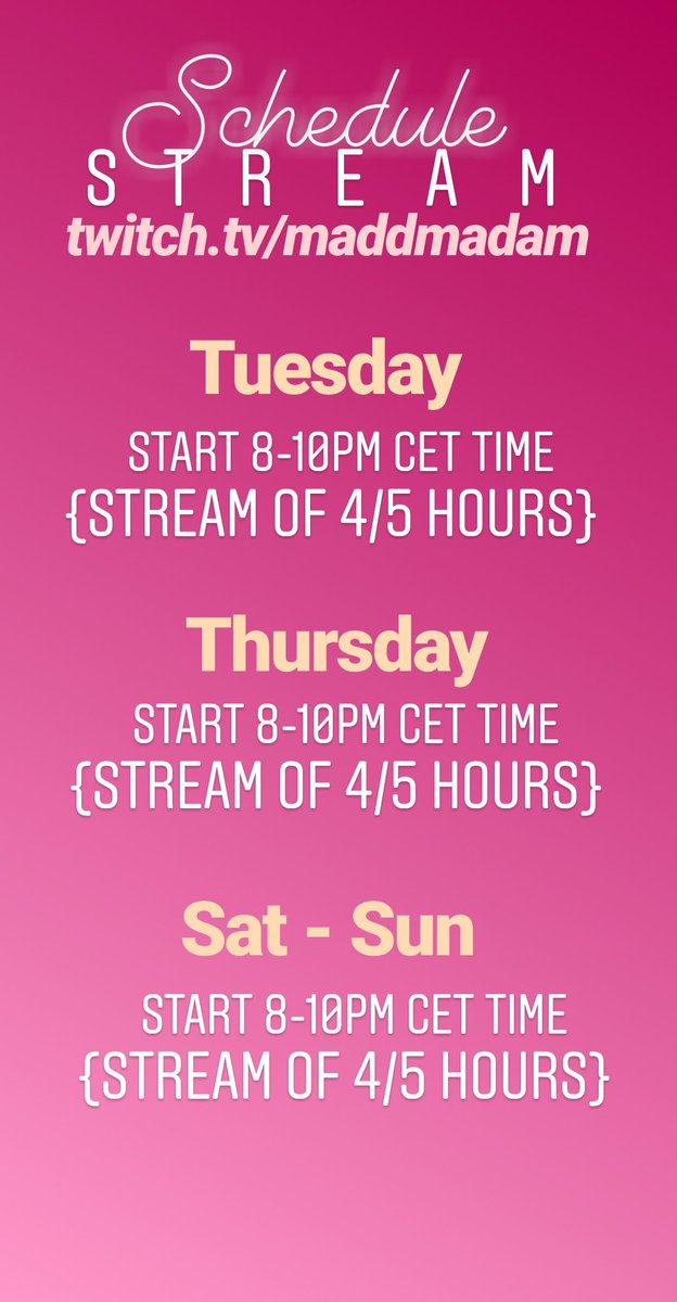 Lol_Madd's tweet photo. Here we have the temporary schedule guy  see you guys tonight!! https://t.co/PirvEEADRN ♡
 Want to know your timezone for my stream? Have a look here: https://t.co/rGUESwV8tJ

 #twitchkittens #twitchkittens  #twicher #twich #scedule #stream #watchers #workinghard #followers https://t.co/omzx6XLAiD