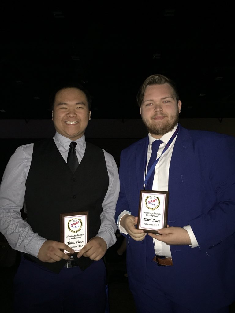 SdaleFBLA's tweet photo. Charles Holloway and Touger Vang- 3rd place in Mobile Application Development #fblastate https://t.co/oFqok6nHo5