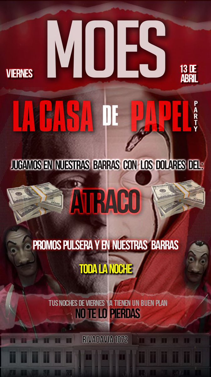 bum_oficial's tweet photo. Viernes13 
ＬＡ ＣＡＳＡ ＤＥ ＰＡＰＥＬ 
Promos en puerta y en barra🔥
Jugamos en nuestras barras con los dolares del atraco entregados por los mismos personajes💵👉Tus noches de viernes ya tienen un buen plan👈Entrada free hasta 1.15am

RT RT RT a este tweets para entradas free https://t.co/m9bnytuds2