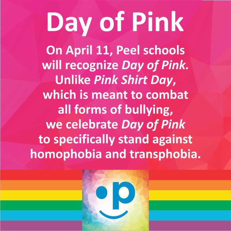 PeelSchools's tweet photo. Tomorrow, Peel students and staff will stand against homophobia and transphobia, and celebrate #DayOfPink. Together, we will continue our commitment to achieve equity and inclusion for all. https://t.co/E3geFVBI8G