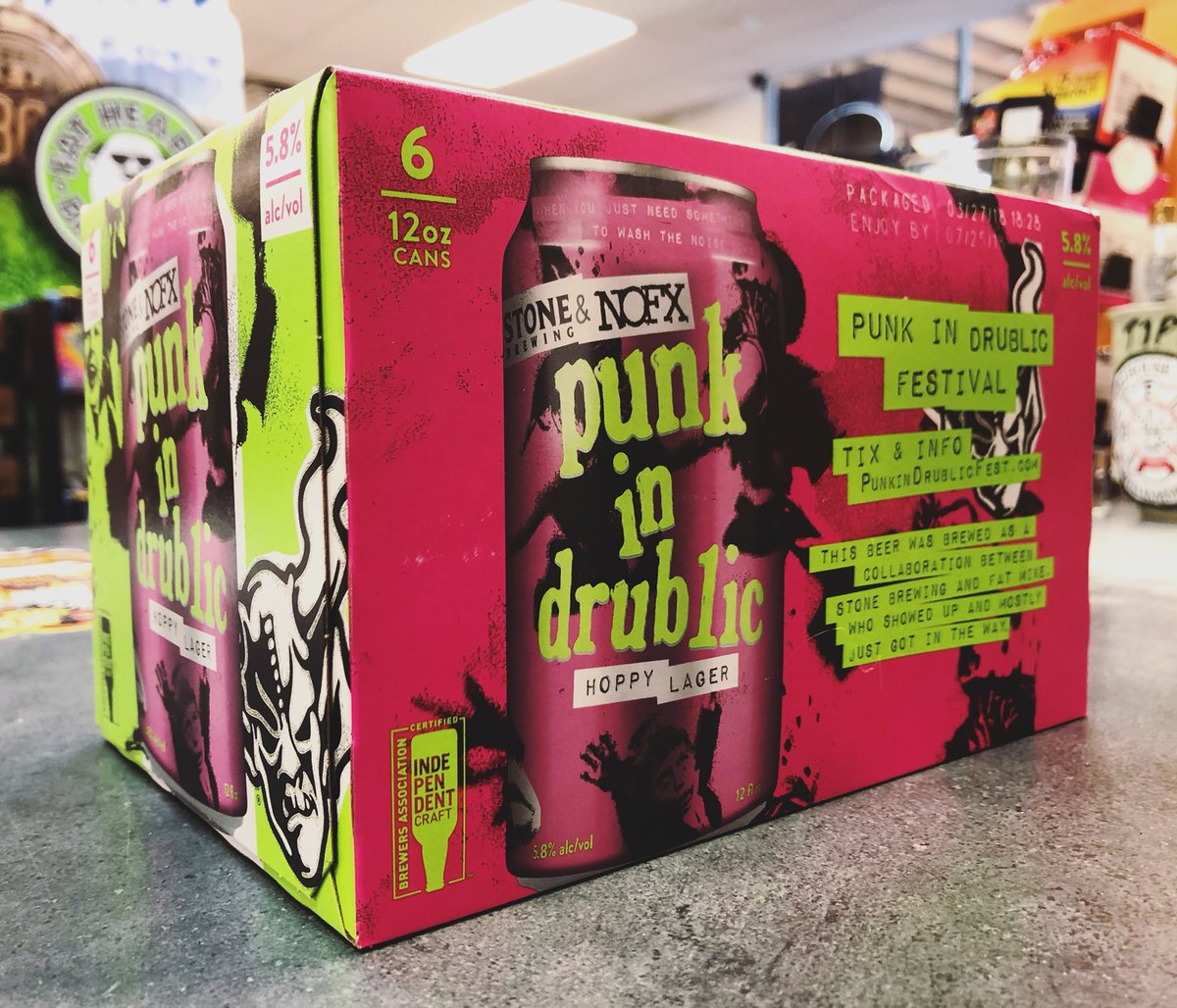 LovelandCappys's tweet photo. Try saying it 5 times fast after a few of these hoppy lagers. Punk In Drublic the @stonebrewing collab with @nofx #stonebrewing #craftbeer #beercollabs #nofx #nofxbeer #newbeerarrival https://t.co/JQQ0Haxtdi