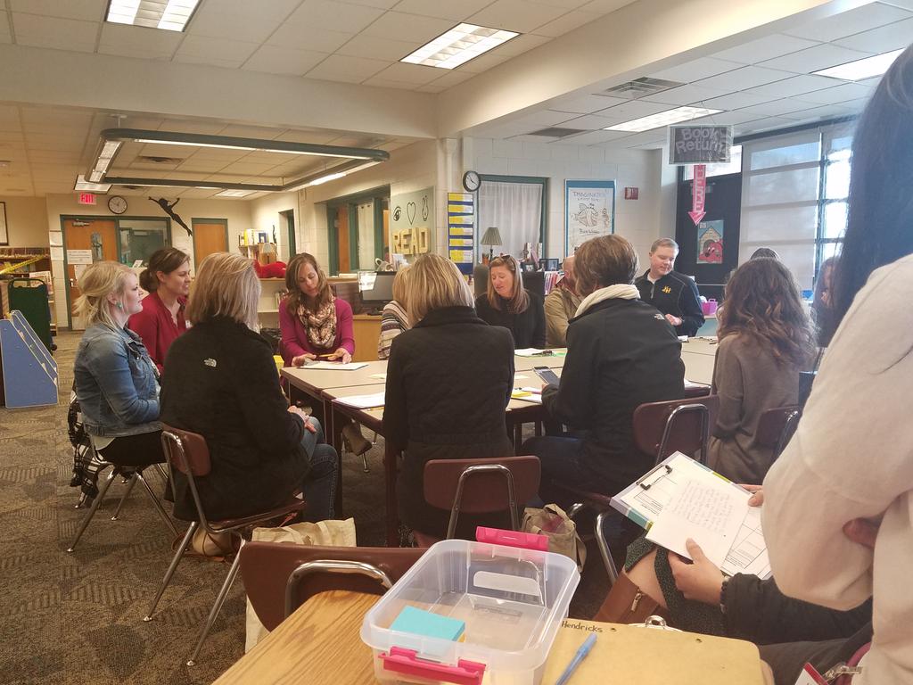 KISDlitcoach's tweet photo. Literacy Coach @BrennaDorgan reflects with @KenowaHills teachers on her Read Aloud in a 2nd grade classroom in a post-brief dialogue. #EssentialsinAction #everychildeveryclassroomeveryday https://t.co/4qUKfmxgv1