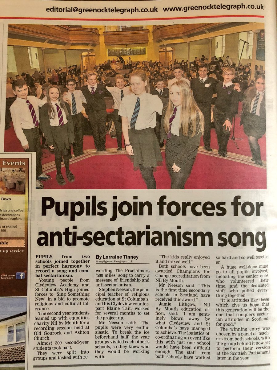 S2 pupils feature with <a href="/clydeview_a/">Clydeview Academy</a> in tonight’s <a href="/greenocktele/">Greenock Telegraph</a> - the pupils are working together to #singsomethingelse through the <a href="/NBMScotland/">Nil By Mouth</a> anti-sectarian project.