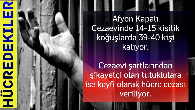 IskenceReport's tweet photo. Afyon Kapalı Cezaevinde 14-15 kişilik koğuşlarda 39-40 kişi kalıyor.

Cezaevi şartlarından şikayetçi olan tutuklulara ise keyfi olarak hücre cezası veriliyor.

@aforgutu @MSTanrikulu

#HücreHapsineSonVerilsin https://t.co/gyM7RcnjTW