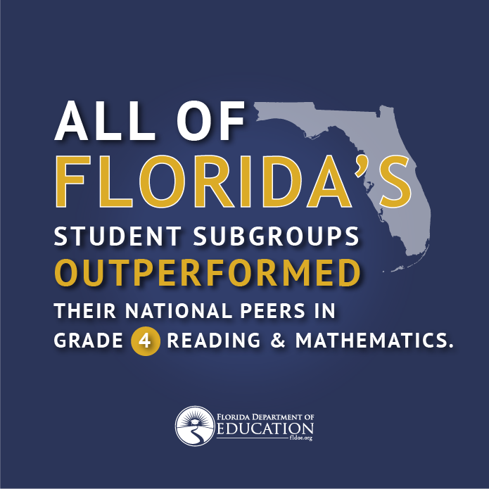 EducationFL's tweet photo. More exciting news! All of #FLstudent subgroups outperformed their national peers in grade 4 reading & math!π
(Subgroups include White, Black, Hispanic, Asian/Pacific Islander, students eligible for free/reduced lunch, students with disabilities, and English language learners.) https://t.co/xPVfgiDDFY