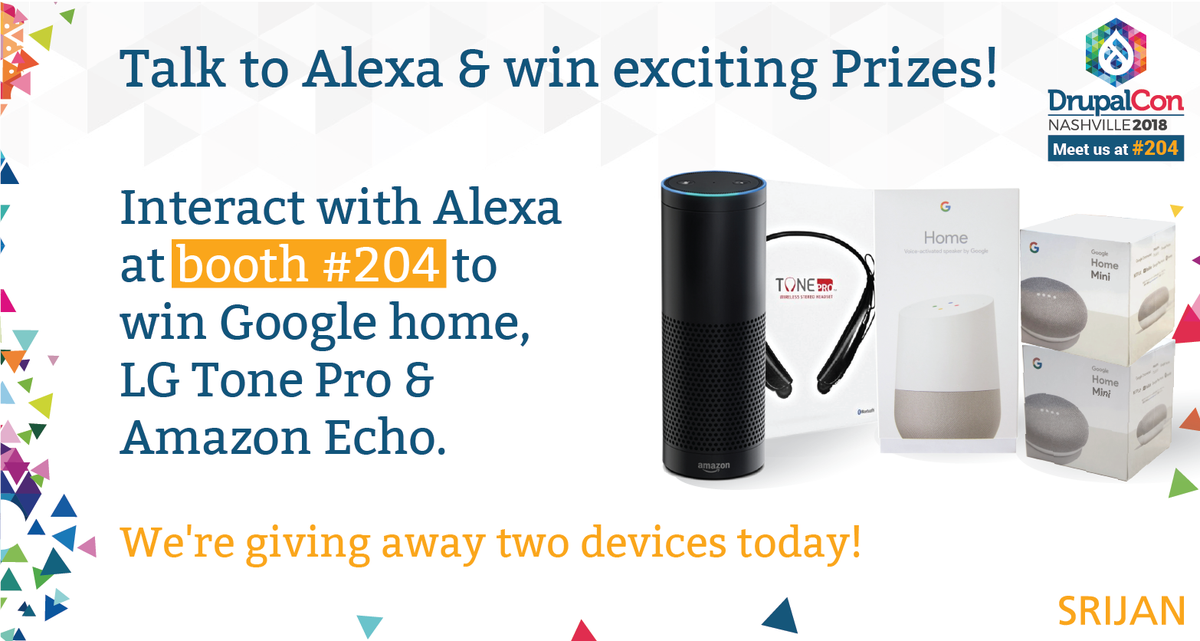 Srijan's tweet photo. Have you heard about our goodies for the day? #AmazonEcho, #GoogleHome &amp; #LGTonePro. 
Come by our booth today, have a fun chat, and you stand a chance to take home one of these.
Folks at @DrupalConNA, we'll be waiting for you! #DrupalCon2018 #Nashville https://t.co/AGsxkOkmP7