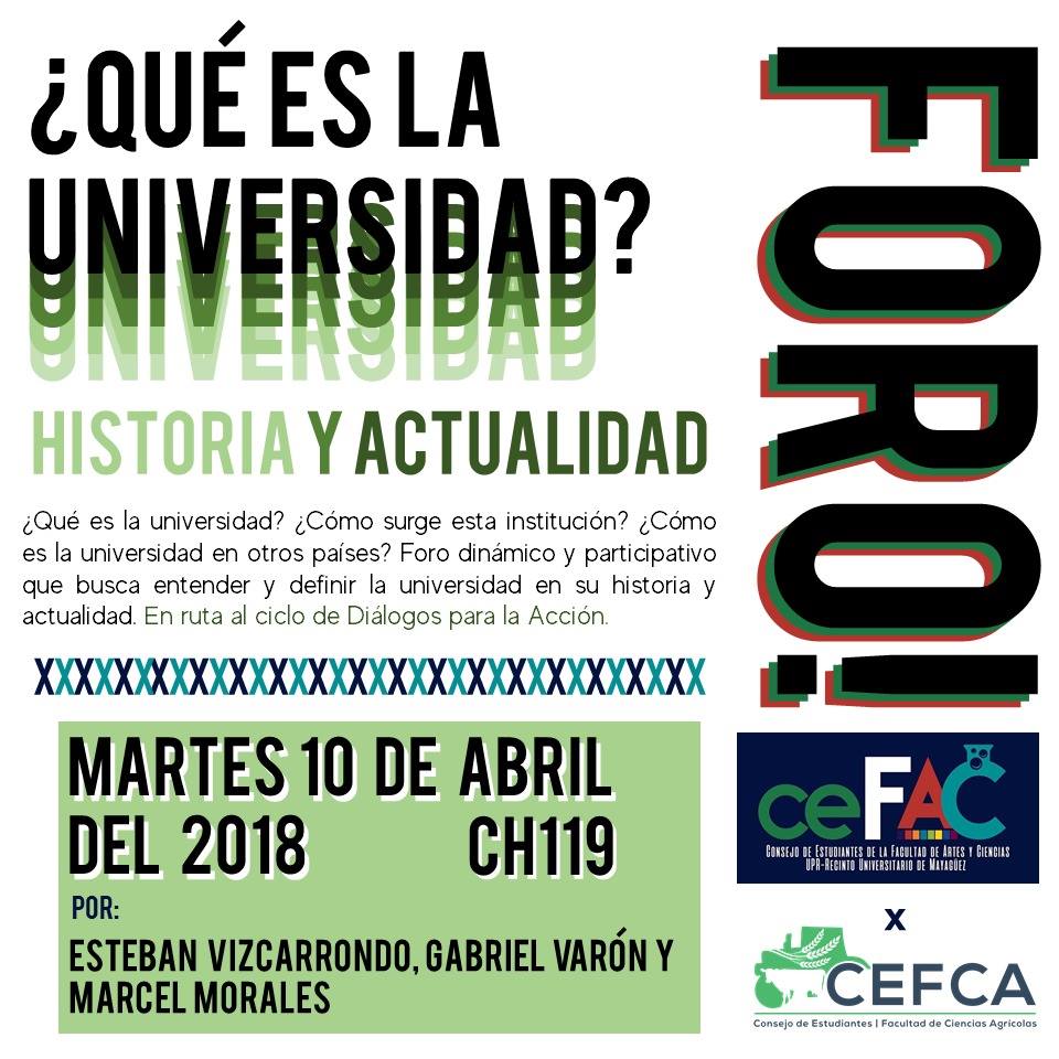 El CEFAC y el <a href="/cefcauprm/">CEFCA-UPRM</a> te invitan a un foro en donde hablaremos y discutiremos la historia, trayectoria y actualidad de la universidad como institución y como realidad puertorriqueña. Separa la fecha y llégale para discutir un tema pertinente antes de la asamblea. Te esperamos!
