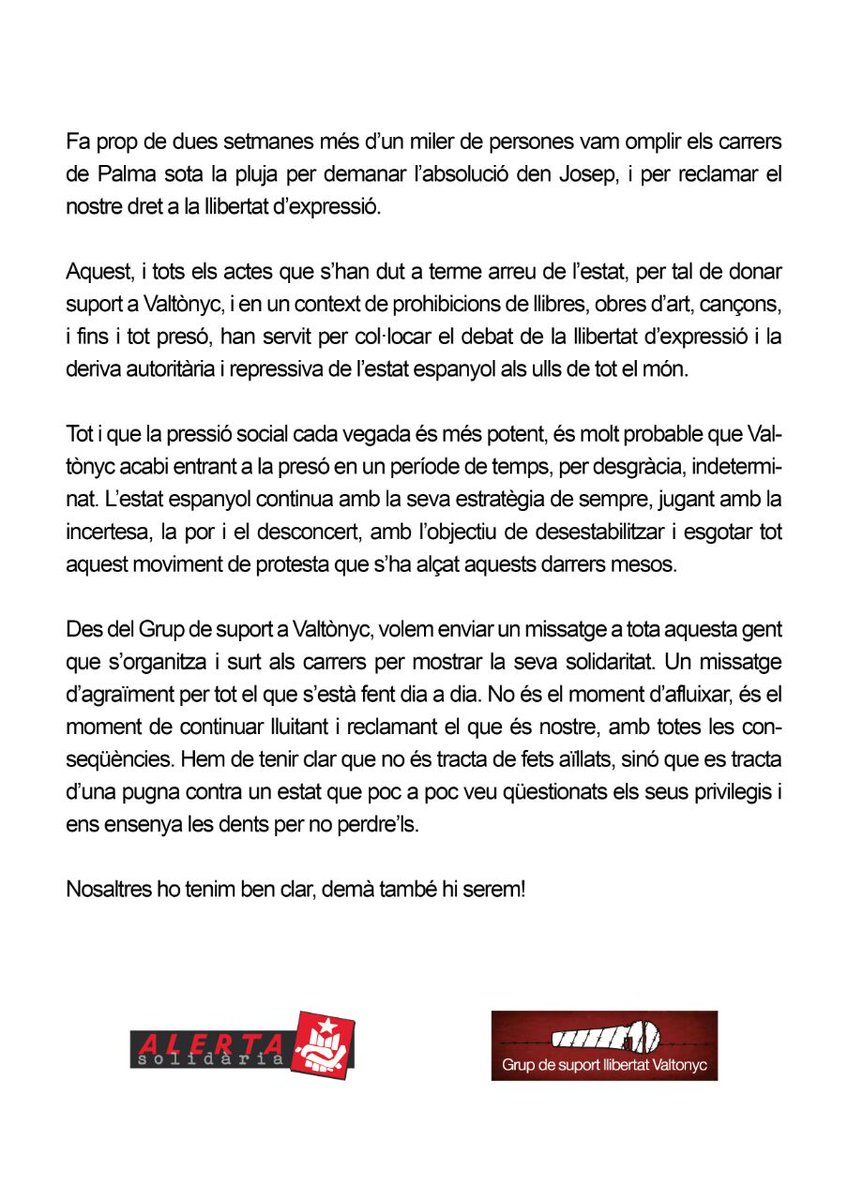 valtonyc's tweet photo. Comunicat del Grup de Suport a @valtonyc i @AlertaSolidaria.
No és el moment d'afluixar, és el moment de seguir lluitant! 
#LlibertatDExpressió
#LlibertatValtònyc
#LlibertatPresosPolitics https://t.co/U2r5bt6T6R