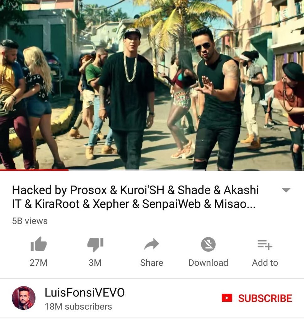 themayorng's tweet photo. @Prosox, @KunSxtz, @XepherWeb, @_KiraRoot, @SenpaiWeb and @ShadeHaxor hacked into @LuisFonsi's @VEVO account and deleted his #Despacito video with 5 billion views...

Dear Twitter,
#SecurityIsAnIllusion

Cc: #JulyOfCode #31DaysOfCode https://t.co/U45NjzHLHW