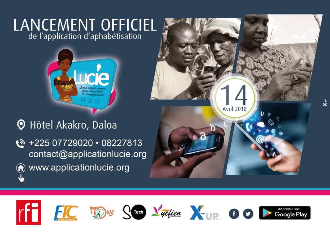 PlaatineCom's tweet photo. Rendez-vous le 14 avril à DALOA pour la cérémonie de lancement de l'application d'alphabétisation #LUCIE.

#BestApp #Alphabétisation #AppLucie https://t.co/O7vCgwCKLw