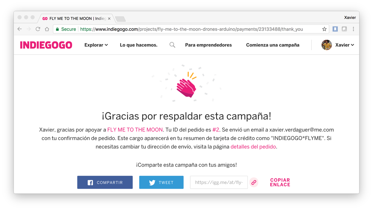 xavierverdaguer's tweet photo. Muy feliz de mi donación en el crowdfunding del proyecto "Fly me to the Moon" que me permite un descuento del 25% en la primera ronda de inversión. #flymetothemooncrowd @TecnoCampus @imaginecc #express2018 #siliconvalley2018 @Indiegogo https://t.co/VQ45jVh9m9 https://t.co/0Nj2UjdqXj