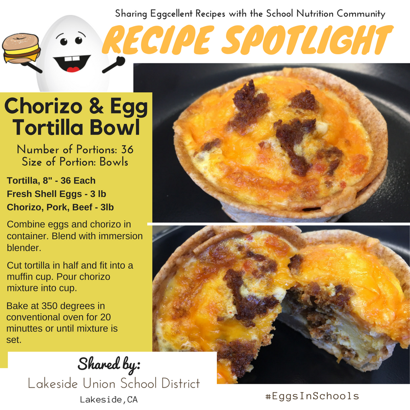 eggsinschools's tweet photo. #EggsInSchools #RecipeSpotlight ALERT 📣: This portable, handheld Chorizo &amp; #Egg Tortilla Bowl #recipe from Lakeside Union SD in CA is an eggcellent option for busy students on the go! #SchoolBreakfast @BreakfastClsrm #Brunch4Lunch @SchoolLunch @SchoolMealsRock @CaliforniaSNA https://t.co/GwhUBmcnkf