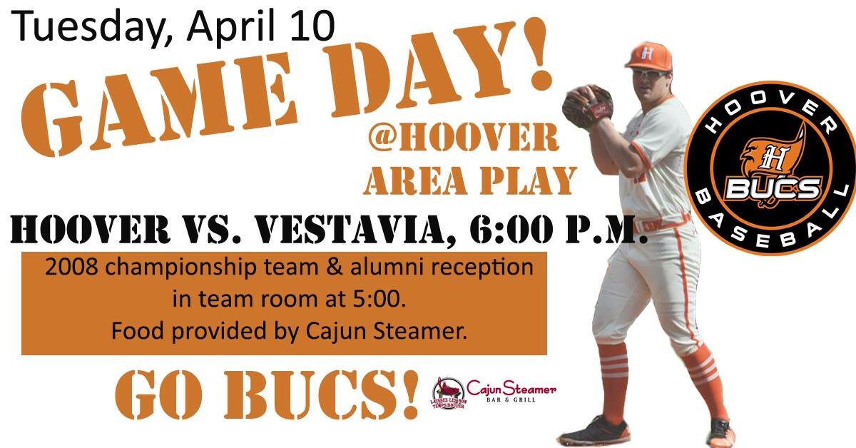 hoover_baseball's tweet photo. TODAY! Game Day &amp; Alumni Reception! Varsity Bucs vs. Vestavia at 6:00. 2008 Championship team &amp; alumni reception at 5:00 in team room. 
STUDENTS: Please arrive early to park in the outfield. Parking will be first-come, first-served. https://t.co/vhHQTww4as