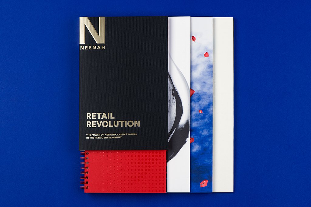 NeenahPaper's tweet photo. Our new promo on #retaildesign - honored to collab with @thematchboxstudio and @FeyPrinting includes branding, packaging, lots of beautiful stuff! https://t.co/tHdGYgpuf4 https://t.co/1WDwTmJyzQ