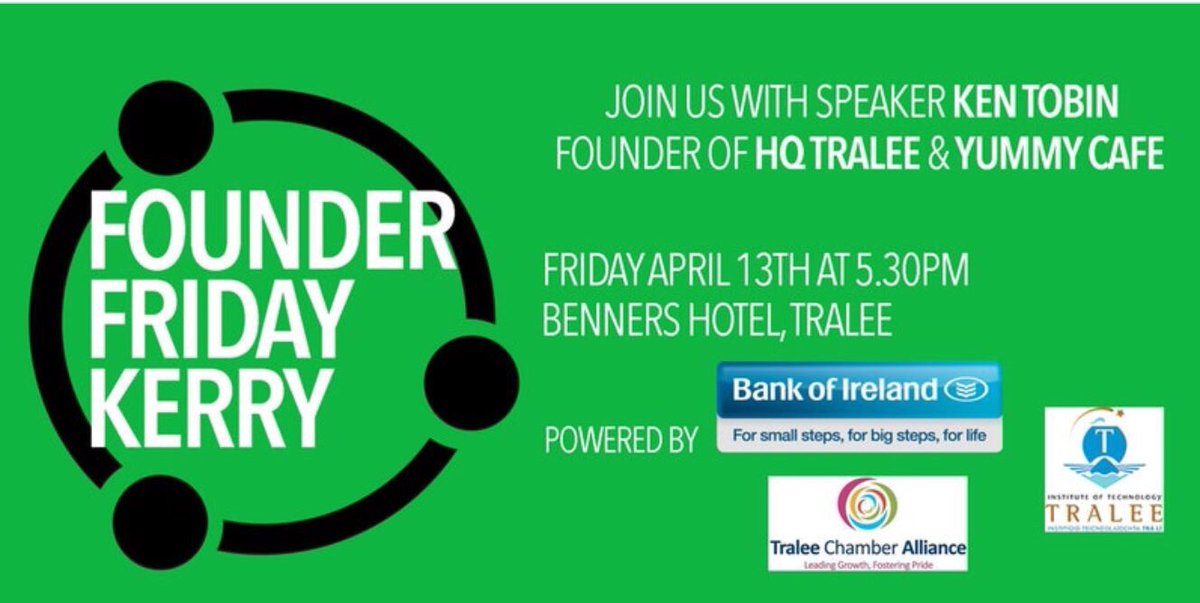 FounderFridayK's tweet photo. Three days to #FFKerry! Join us this Friday the 13th of April at 5.30pm in Benners Tralee for some networking and fireside chat with Ken Tobin, founder of @HqTralee &amp; Yummy Cafe in Tralee! Register here: https://t.co/OxS92UgAbY https://t.co/PvyqlCdpPj