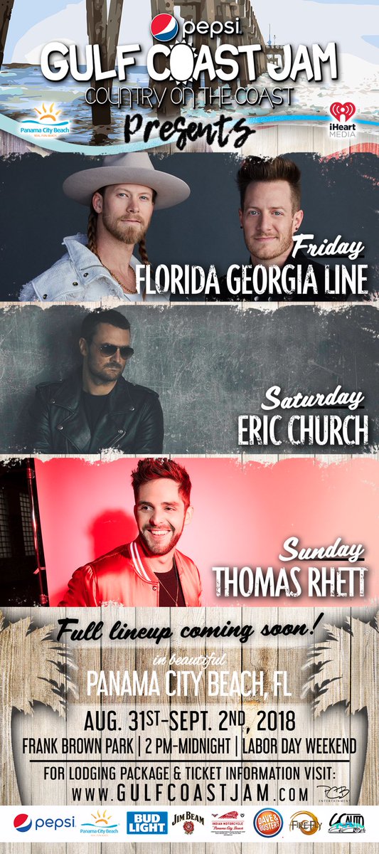 ProducerJam's tweet photo. RT to win 2 GA to @GulfCoastJam in @Visit_PCB @FLAGALine @ericchurch @ThomasRhett #LaborDayWeekend @pepsi 2018 Headliners https://t.co/GL229cDVkh