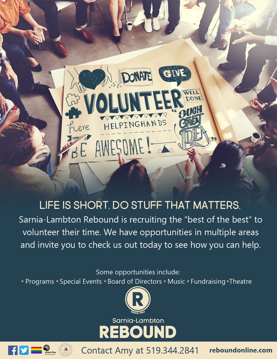 SarniaRebound's tweet photo. Ever thought of volunteering in your local community? #SarniaYouth needs you! @SarniaRebound is looking for eager program volunteers to join our growing team! Please call 519-344-2841 and speak to Amy today! https://t.co/GqavMEnJAn
