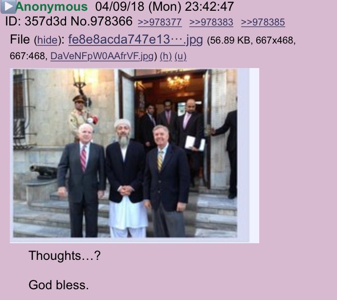 New Q 04/09 23:43 An Anon posts pic of No Name & Graham with Osama and asks Q for his thoughts! Q relies that it’s a fake picture!!  #QAnon  #AprilShowers  #GreatAwakening  #TrustThePlan  @realDonaldTrump