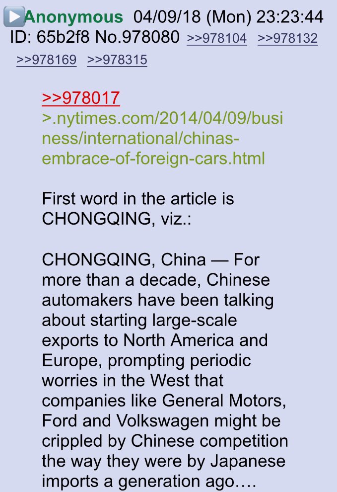 New Q 04/09 23:25 An Anon posts link to NY Times article w/screenshot of the first paragraph! They point out that 1st word is Chongqing! Remember Q had told us 04/07 this was coming Tuesday!!  #QAnon  #QProofs  #AprilShowers  #TrustThePlan  #Chongqing  #ChinaTrade  @realDonaldTrump