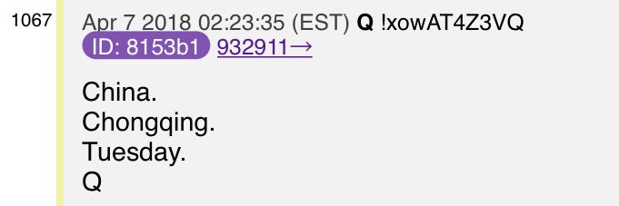 New Q 04/09 23:25 An Anon posts link to NY Times article w/screenshot of the first paragraph! They point out that 1st word is Chongqing! Remember Q had told us 04/07 this was coming Tuesday!!  #QAnon  #QProofs  #AprilShowers  #TrustThePlan  #Chongqing  #ChinaTrade  @realDonaldTrump