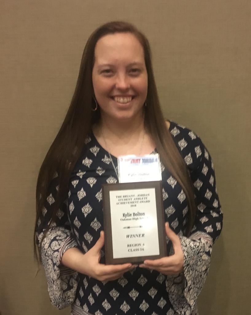 Congratulations to Kylie Bolton from Oakman High School for being named the District 3A Bryant-Jordan Winner!