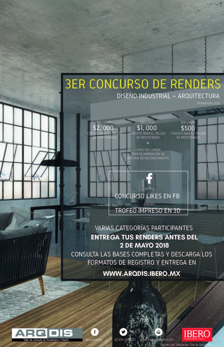 Taller_ARQDIS's tweet photo. 3er concurso de renders. Prepara tus mejores trabajos! Bases en https://t.co/DQmHN0rn06 #arqibero https://t.co/KdLqIlVdj4