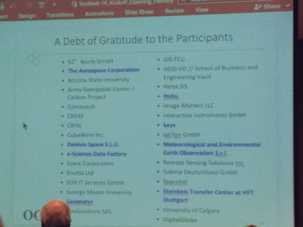 joanma747's tweet photo. In the list of participation in @opengeospatial #testbed14 you can spot @CREAF_ecologia and many other friends. We have been in 7 testbeds including the last 5. https://t.co/hAMwSmpyuR