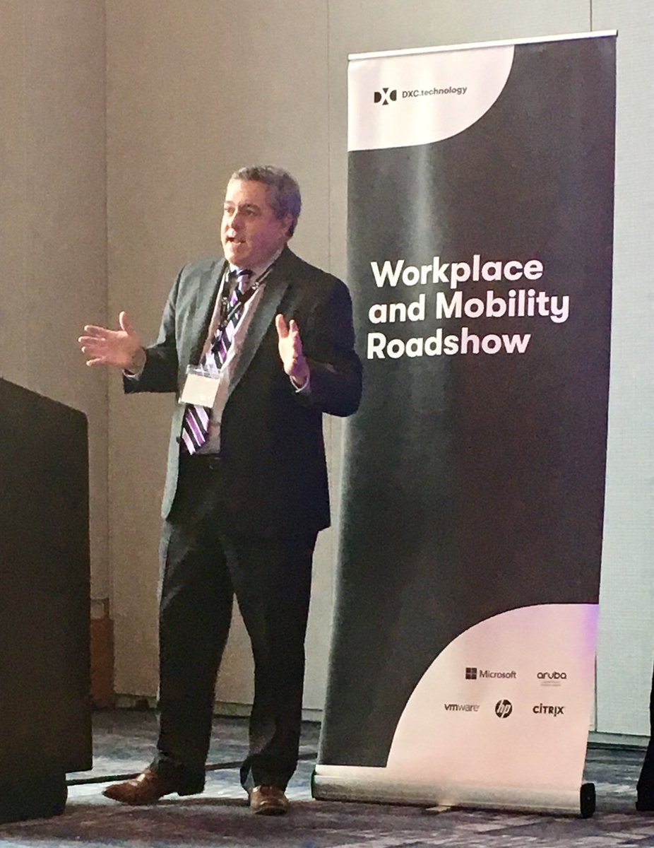 pgrove's tweet photo. Jim Burke of #DXC explores #DigitalTransformation in the #workplace. Abandoning legacy apps moving to digitally enabled, fast response apps with a robust support system for the apps and the devices they arrive on. #myworkstyle https://t.co/72pXtP4fZ5