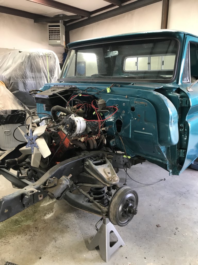 Pazkustomdesign's tweet photo. Some more of the demo on the ‘66 FIL (Father In Law) truck! It’s some much easier to work on without the front clip. #c10trucks #c10nation #c10stepside #c10 #66 #chevy #pickup #pazkustomdesigns #putinwork #classic to #custom https://t.co/sobcWuFsj5