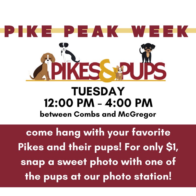 EKUPIKES's tweet photo. Don’t forget! We are kicking off Pike Peak Week today with Pikes and Pups! Stop by, visit with some of the brothers, and their furry friends. #PikeFC18 https://t.co/FIOwBrnQ6Q