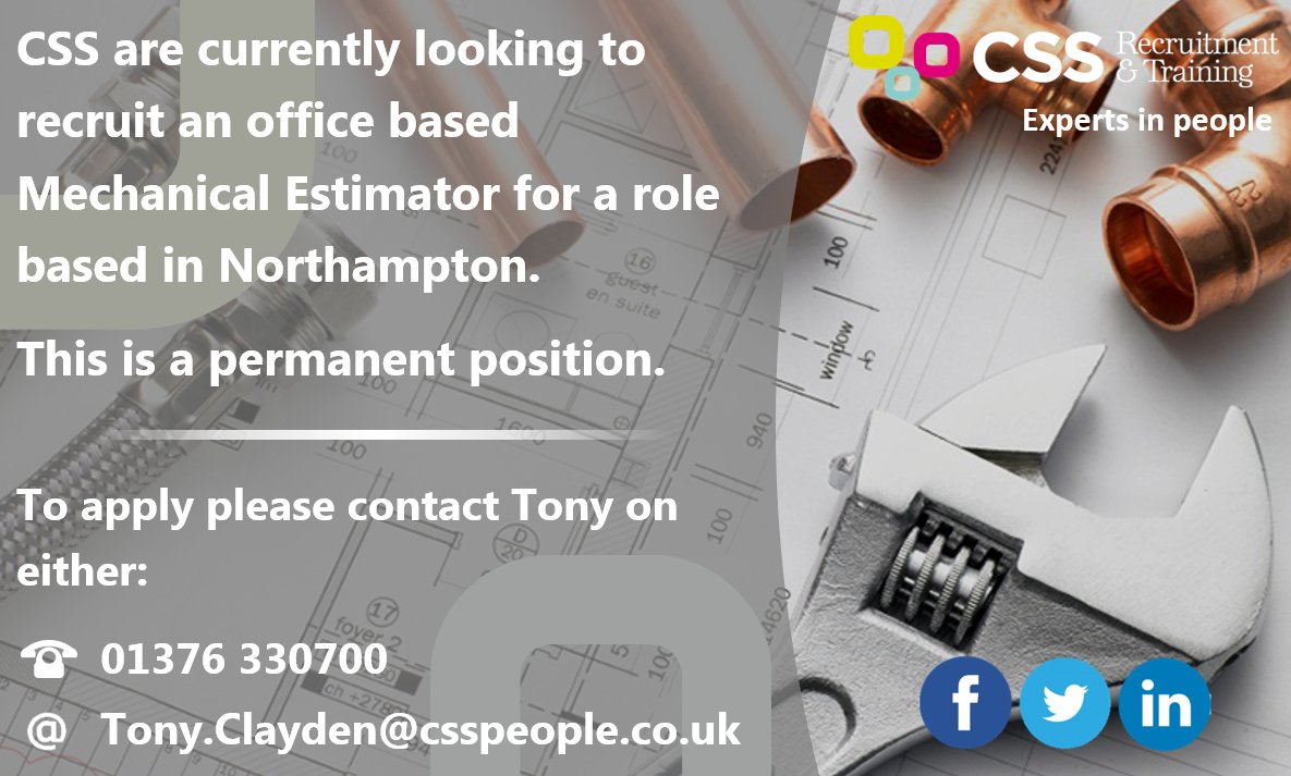 CssRecruitment1's tweet image. #JOB | CSS are currently looking to recruit an office based #MechanicalEstimator for a role based in #Northampton 👇 To apply or for more information please call Tony on 01376 330700! #jobsearch