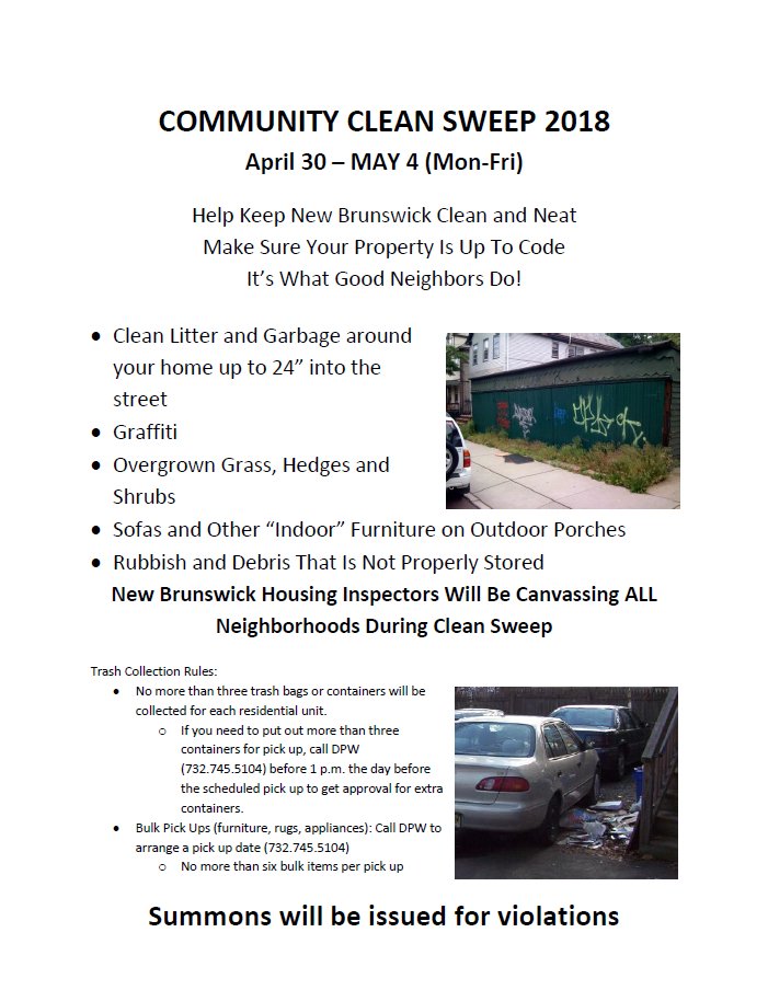 CityofNewBruns's tweet photo. Community Clean Sweep returns to New Brunswick for the week of April 30 - May 4 -   https://t.co/aCo8MW2SnL https://t.co/2okFcp767q
