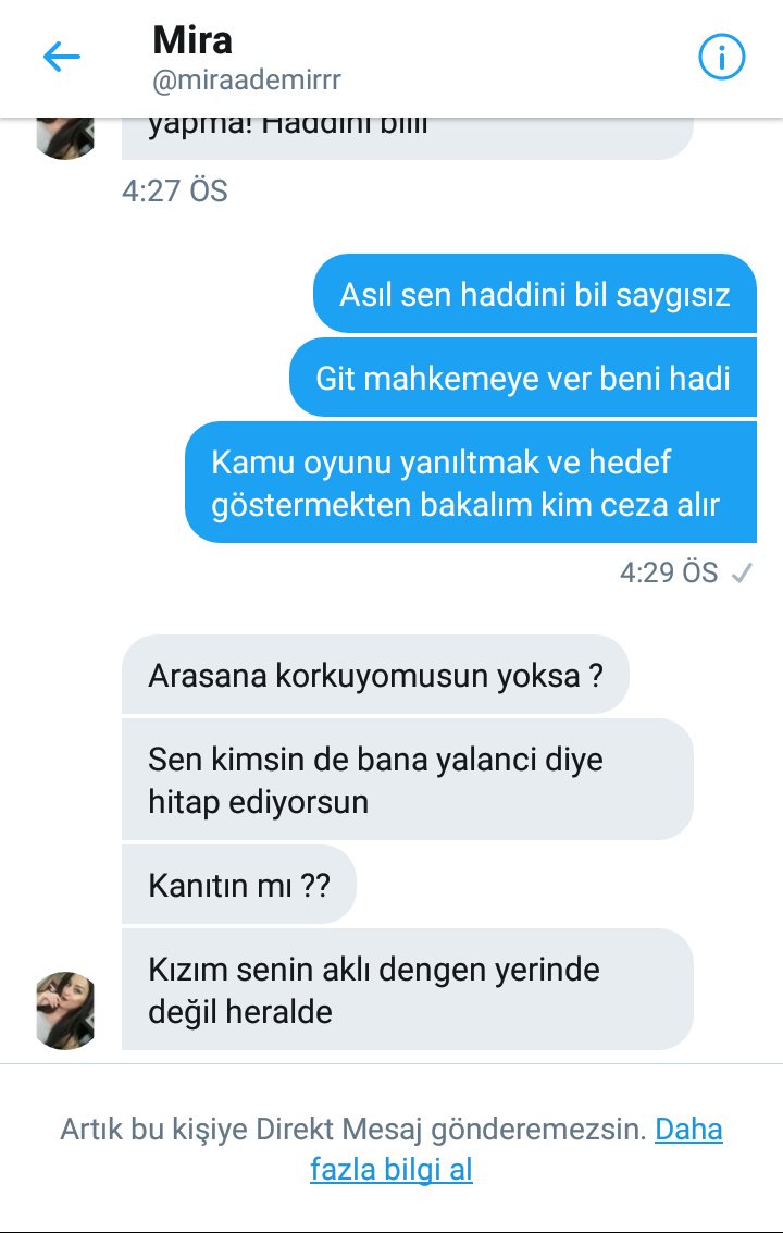DembhrDmr's tweet photo. Lütfen Dikkat RT !
Bu Şahıs yalan söylüyor 
@miraademirrr Takipçi ve ilgi çekmek için Tehdit falan yok ..
Twiti silmiyorum 
Git beni mahkemeye ver bekliyorum 
Yazık çok yazık ! https://t.co/NIl5b4pDUU