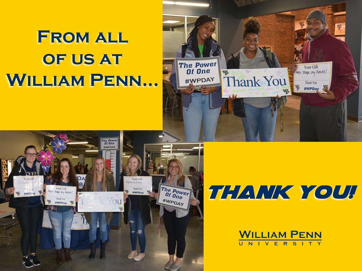 WilliamPennU's tweet photo. Thank you to all of our alumni and friends for helping make #WPDay a success! 168 donors in 24 hours with over $12,000 raised! It's a great day to be a Statesmen! #WithPride #WideningPotential #WorkPreparedness https://t.co/Ctdv33SZHg