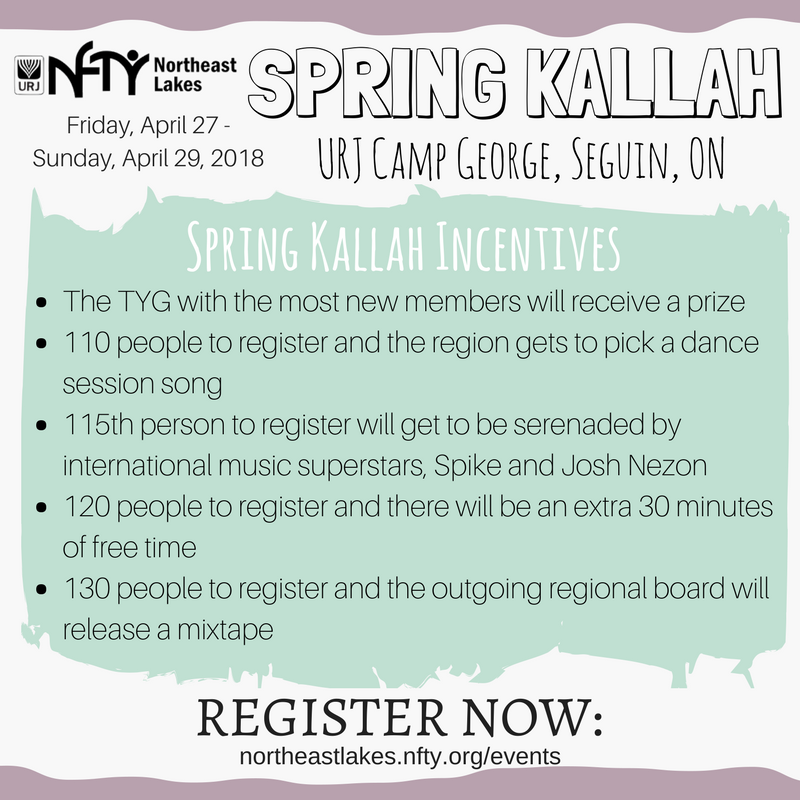 NFTYNEL's tweet photo. Registration for Spring Kallah 2018 ends soon! You don't want to miss out! Check out these incentives! Register at: https://t.co/SbO5vMsLTK https://t.co/sXDlCRtwkY