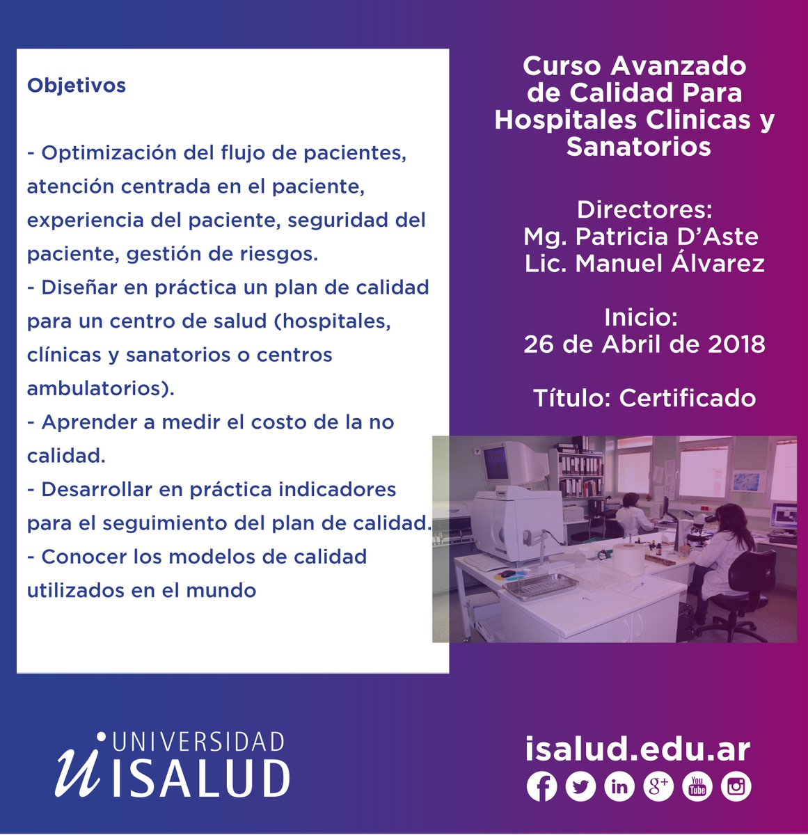 ISALUD_Oficial's tweet image. 🔜 Curso Avanzado de Calidad Para Hospitales Clinicas y Sanatorios
#ControlCalidad #Hospitales #Clínicas #Sanatorios #Salud #Gestión #UniversidadISALUD
📌 isalud.edu.ar/capacitacion-p…