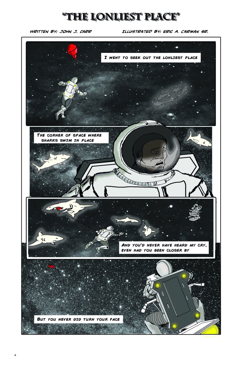 TheComicJam's tweet photo. The loneliest place is that corner of space where sharks swim in place... Join us there for #sharksinspace week on https://t.co/poZc8n8GKn! “The Loneliest Place”. Words and script by @JohnJCoche, art and letters by @CarmanCreations. #sharks #sharkattack https://t.co/N1jBcK05D3