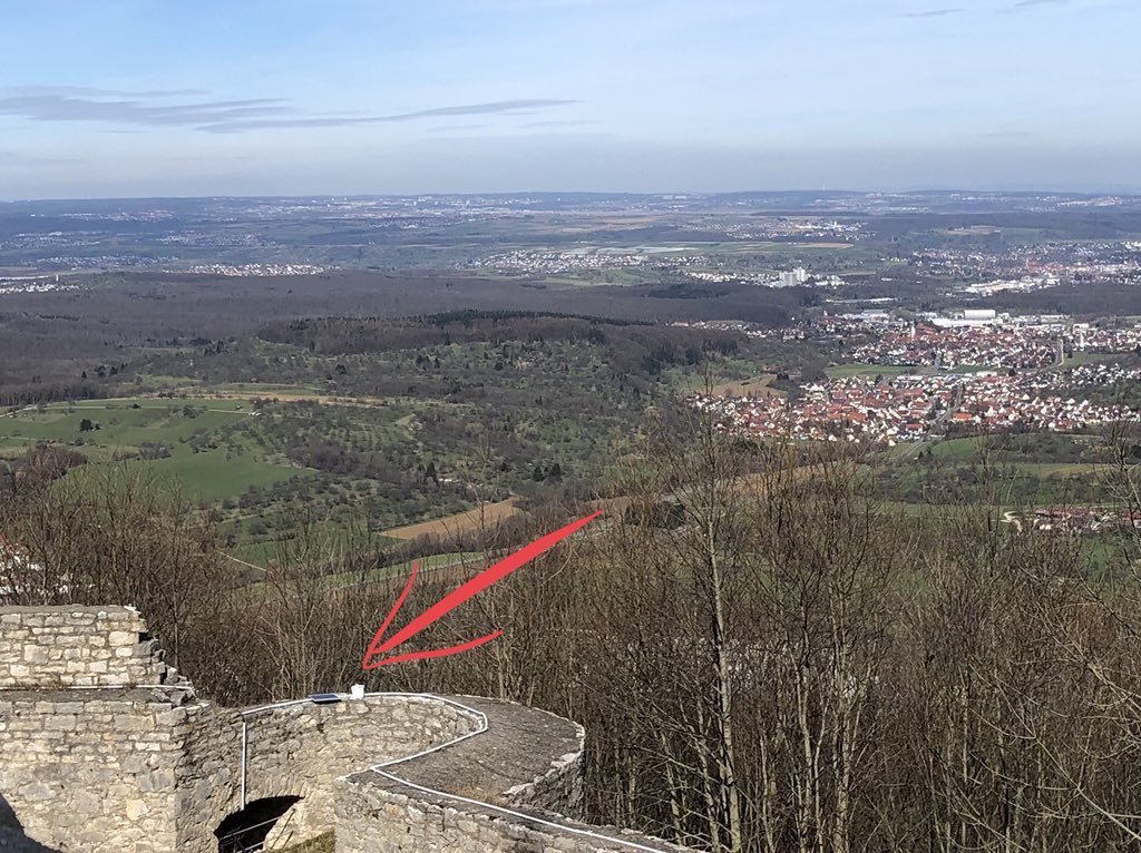 orangeway's tweet photo. Transformed my #iC880A @IoTbyIMST #LoRaWAN gateway to a #solarpowerd mobile version last week and placed it temporarily overlooking Neckar valley at #hohenneuffen castel. Smart coverage extension @TTN_Stuttgart Community verified ๐ https://t.co/0vyL7UZHjZ