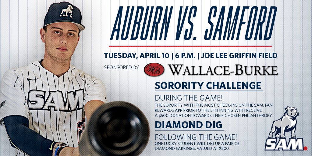 SamfordSports's tweet image. Tonight’s the night!  $500 to a sorority, Talladega TOWER tickets, a pair of $500 DIAMOND earrings, and your RED-HOT Samford Bulldogs! See ya at The Griff!