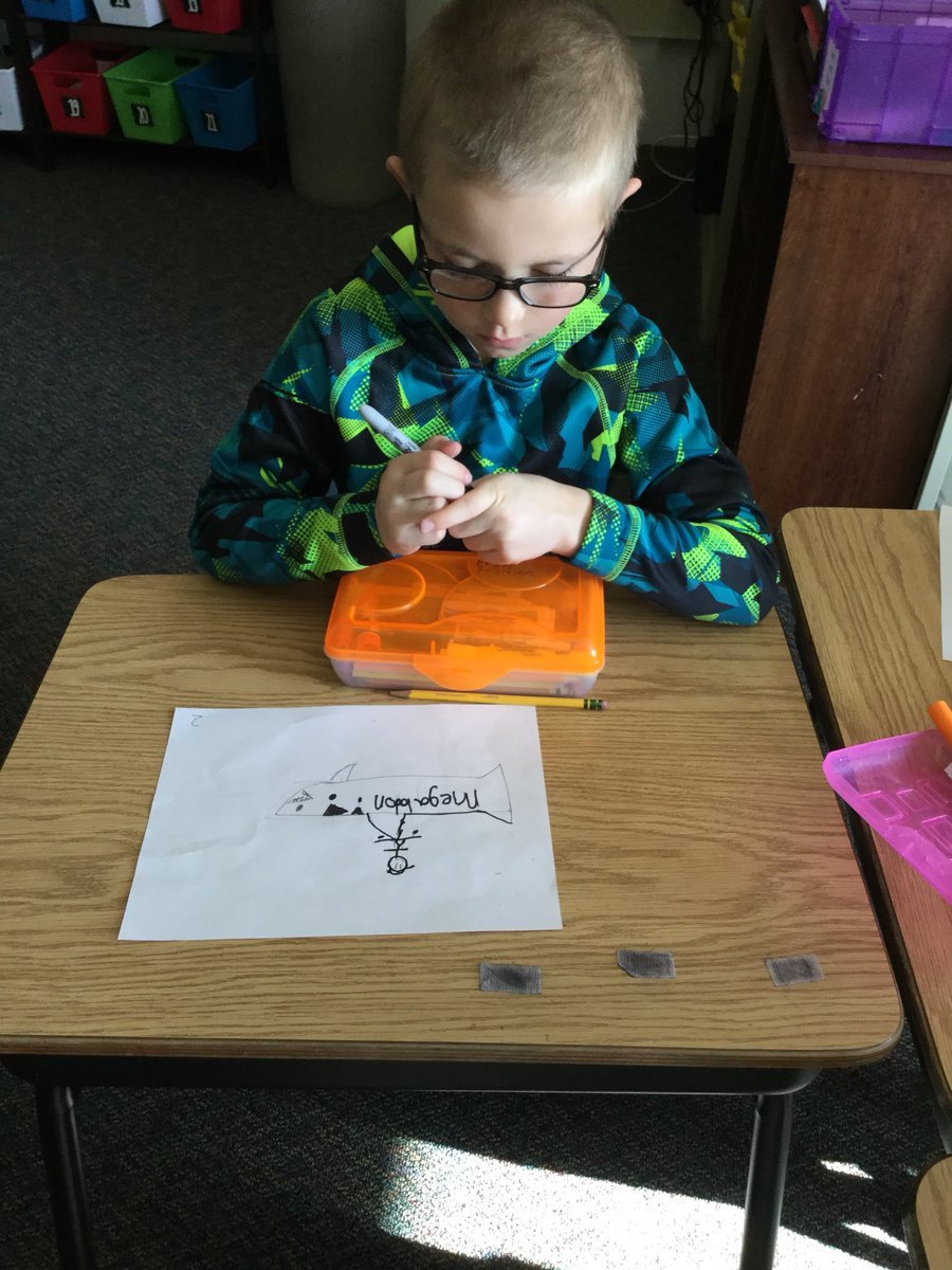 mswinterhenne's tweet photo. Illustrating our Me and My _____ books! Brady’s creative illustration shows he would have a pet megalodon! #authorsandillustrators #writingcreativity https://t.co/YRCgt8DyIj