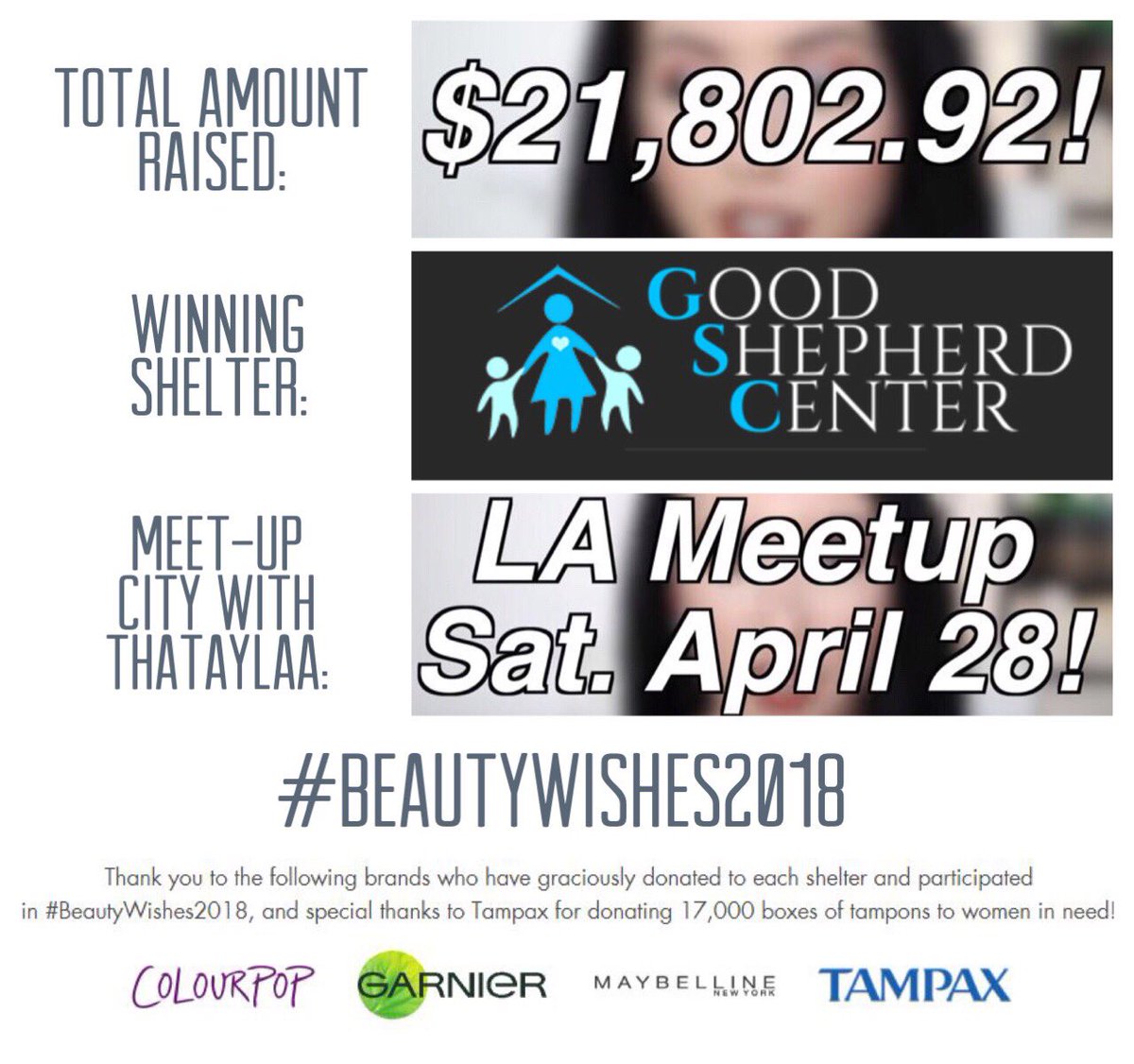 ProjBeautyShare's tweet photo. #BeautyWishes2018 RESULTS are in!!! 🎉 CONGRATS @gschomeless - winner of the $5k grand prize! 🎉

Meet up w/ @thataylaa is in #LosAngeles, #California on April 28!

#thebeautyisinthegiving #15daysofFoundation #baerritofam #poweroverperiods #garniergirl #colourpop #maybelline https://t.co/YyJj5E485p