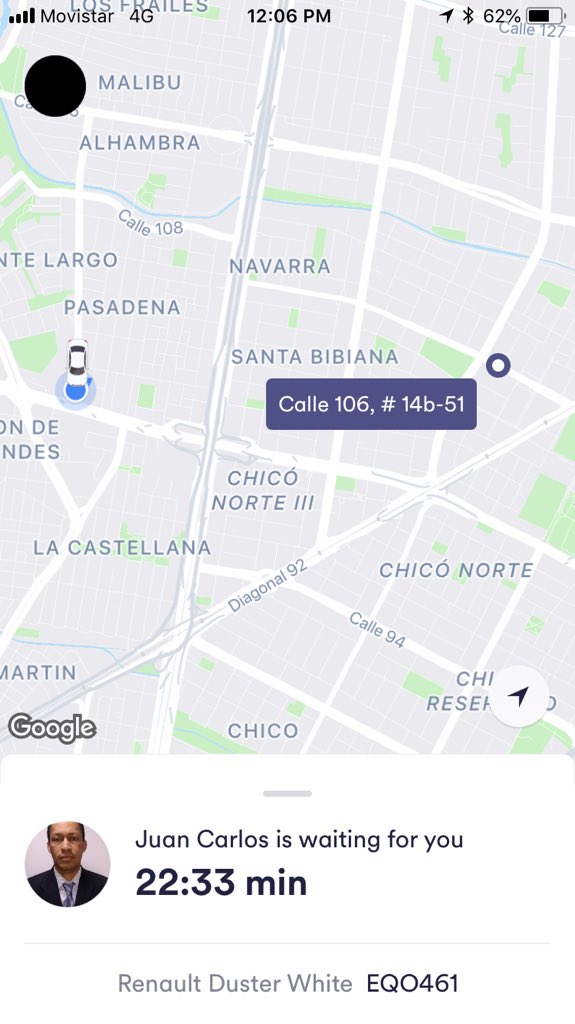 dangar60's tweet photo. @cabify_colombia Solicito un cabify y tan pronto lo asignan me cuenta espera. Es un error? Me van a cobrar la espera? https://t.co/ByzCSSJD28