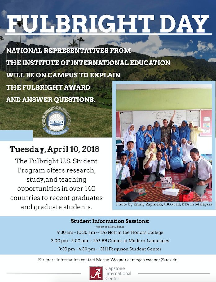 Crossroads_UA's tweet photo. The Capstone International Center presents Fulbright Day! Come out to one of the three sessions in the flyer below to have your Fulbright Award questions answered by the experts. https://t.co/bTfBmLmqQU