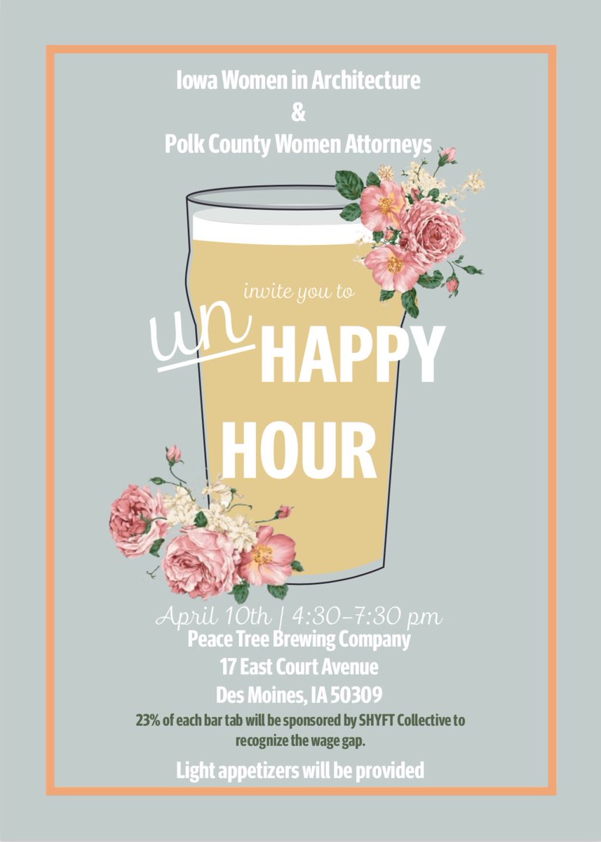 PCWA515's tweet photo. Unhappy with the wage gap? Join us and @iawomenarch for an Unhappy Hour at @PeaceTreeDM tonight from 4:30-6:30. #EqualPayDay2018 https://t.co/aep8aawTnC