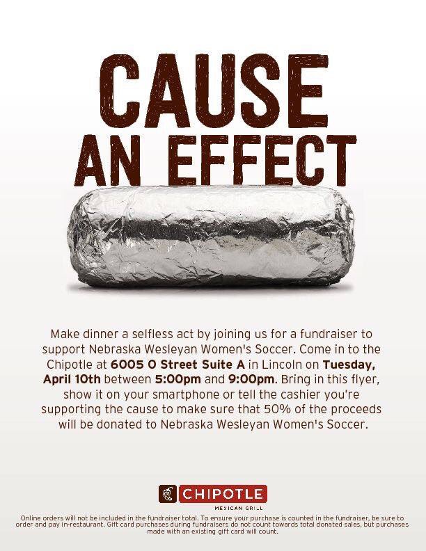 Come out &amp; support the NWU Women's soccer team at Chipotle (6005 O street) from 5:00-9:00 pm! Make sure to show this flyer on your phone. Thank you! 😊