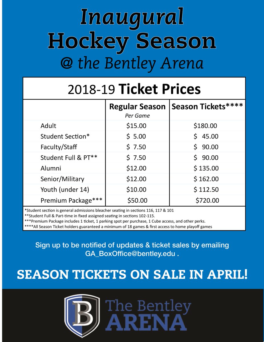 Season ticket sales for next season's hockey games at Bentley Arena have gone live at the following link. See the attached image for a breakdown of the packages:
etix.com/ticket/online/…