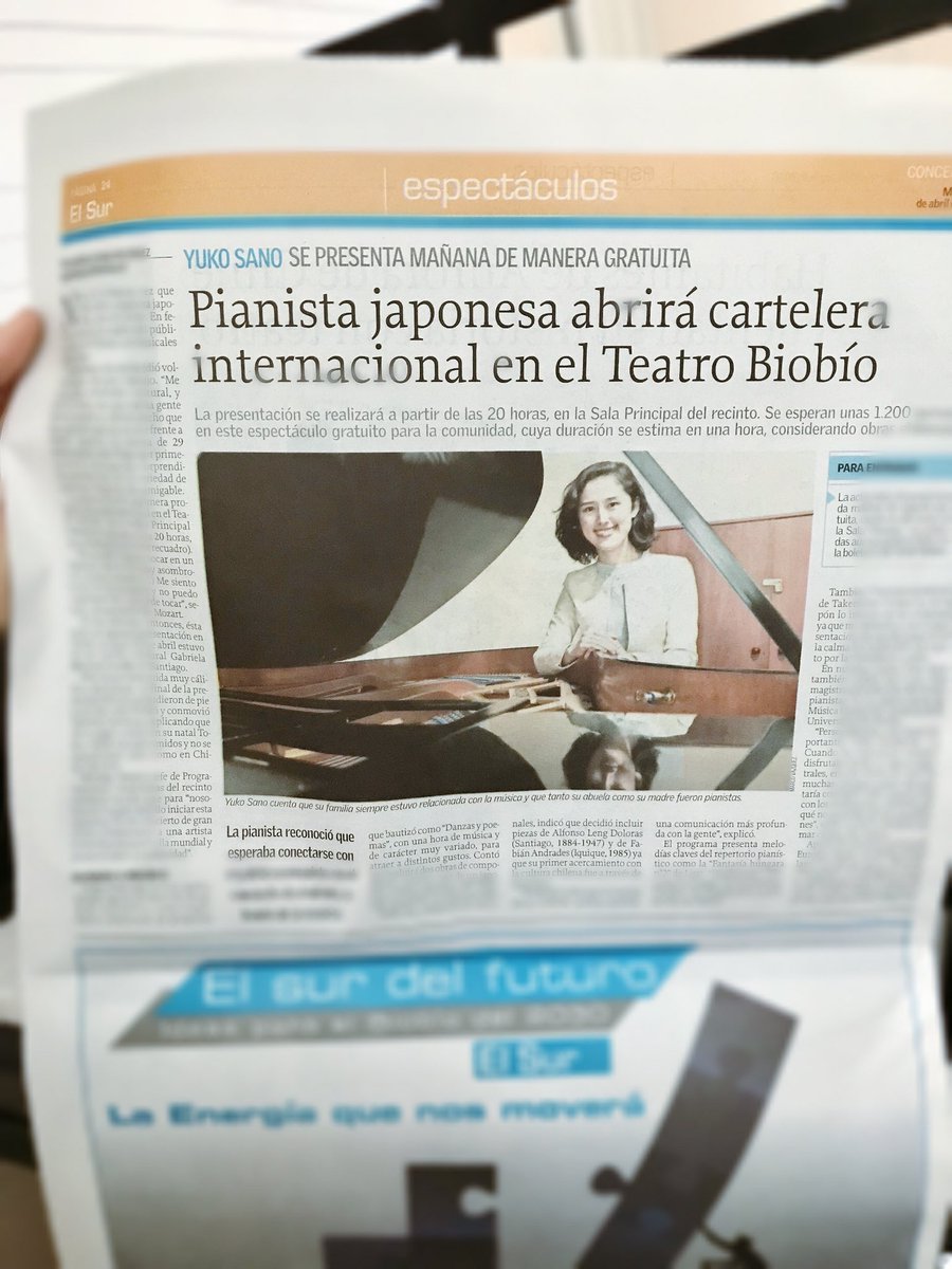 PIANOPPO's tweet photo. Muchas gracias @elsurcl 🇨🇱💓 Muy emocionada por mi concierto en @teatrobiobio #comcepcion mañana 8hrs. #EntradaLiberada
新聞の一面&裏表紙に大きく掲載頂きました🎹 https://t.co/IcbrQkxyle