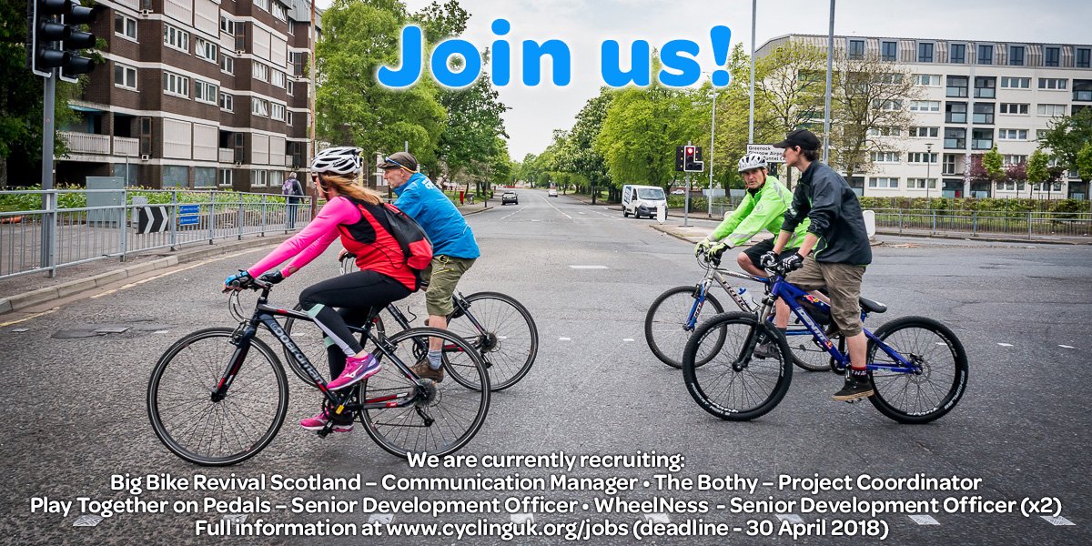 CyclingUKScot's tweet photo. We’re looking for five new team members to join us at Cycling UK Scotland - could it be you? Or someone you know? https://t.co/auGqDxkVgO Pls RT (deadline - 30 April 2018) https://t.co/HxVeMu0G8X