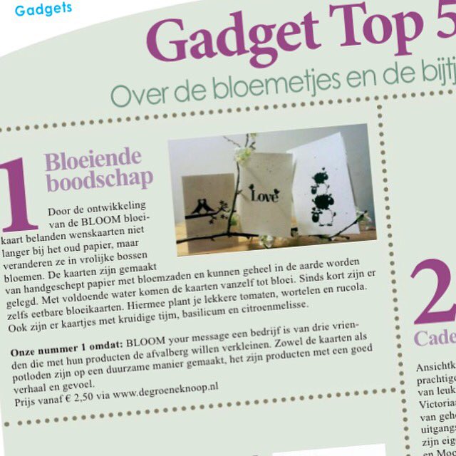 Met de Dag van de Aarde 🌱 in aantocht, een hele eer dat onze bloeiproducten gekozen worden als gadget nr. 1 in de <a href="/krantvandeaarde/">Krant van de Aarde</a> <a href="/DeGroeneKnoop/">De Groene Knoop • Green Lifestyle Store</a> #bloeikaarten #bloeipotloden #bloeiendeboodschap #bloei #groei #letitgrow #earthday #earthday18 #dagvandeaarde